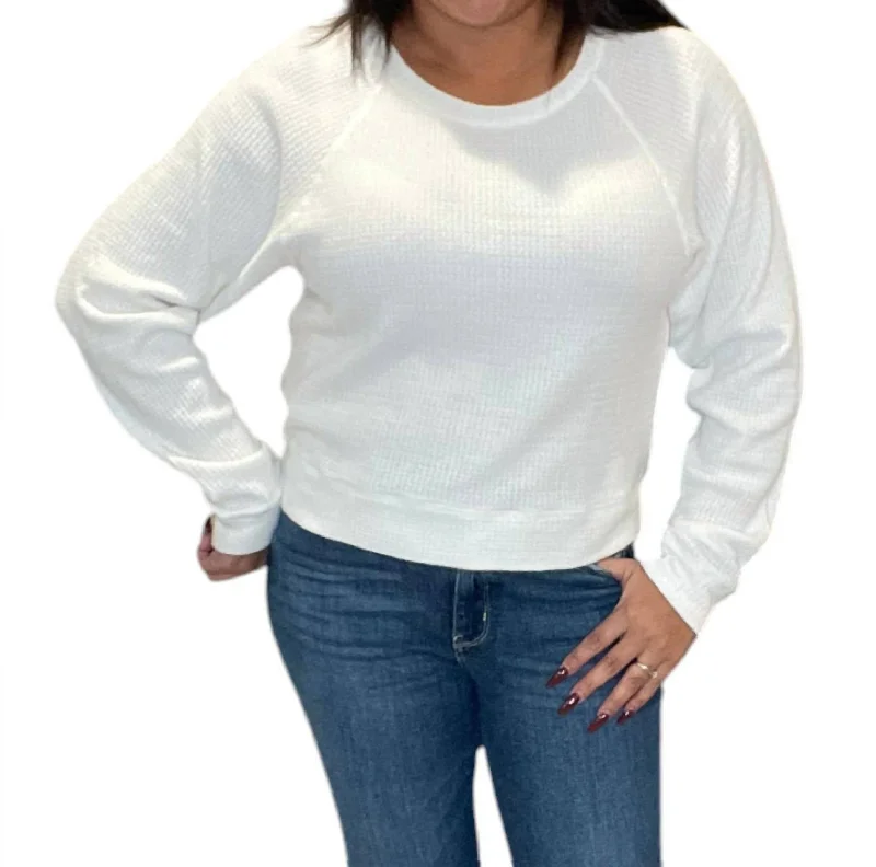 Boxy Raglan Waffle Long Sleeve Tee In White