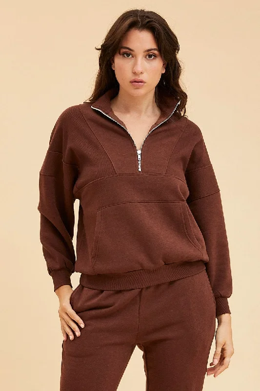 Brown 1/4 Zip Sweat Top Long Sleeve Front Pocket