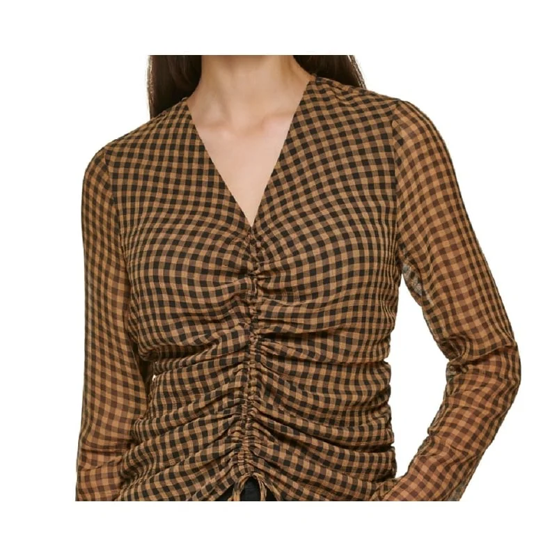 Calvin Klein Women's Long Sleeve Checked Gathered Front Blouse Brown Size X-Large