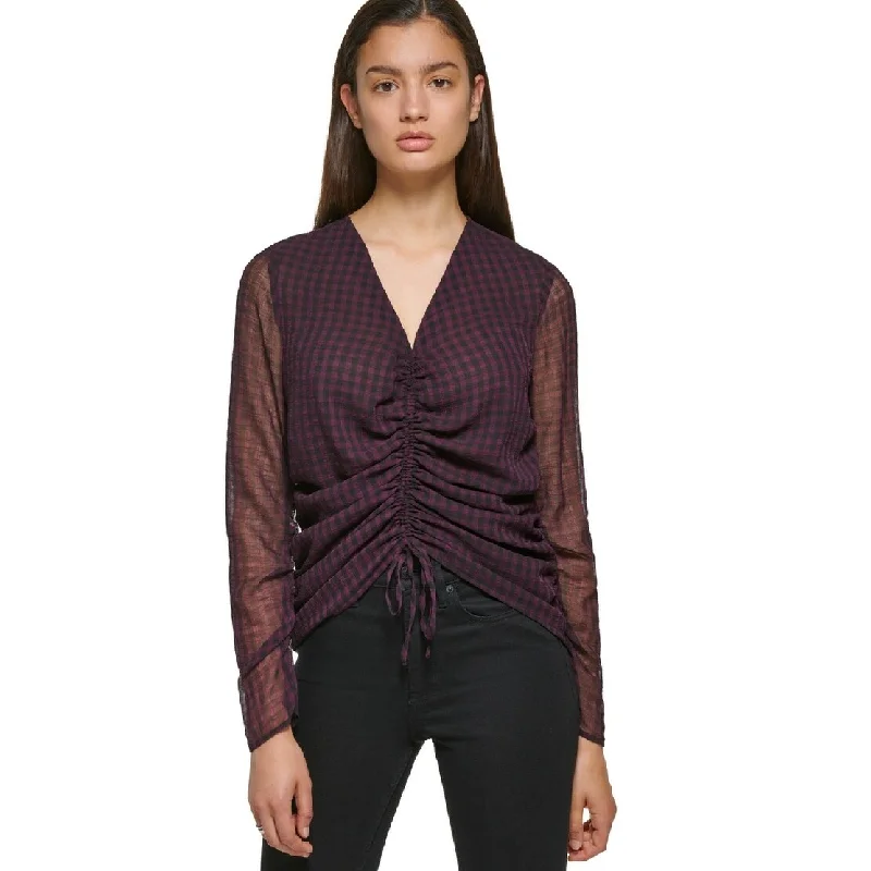 Calvin Klein Women's Long Sleeve Checked Gathered Front Blouse Purple Size Large