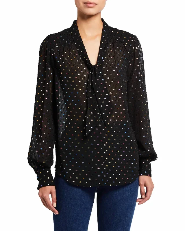 Cleobelle Long Sleeve Tie Neck Blouse In Black Metallic Multi