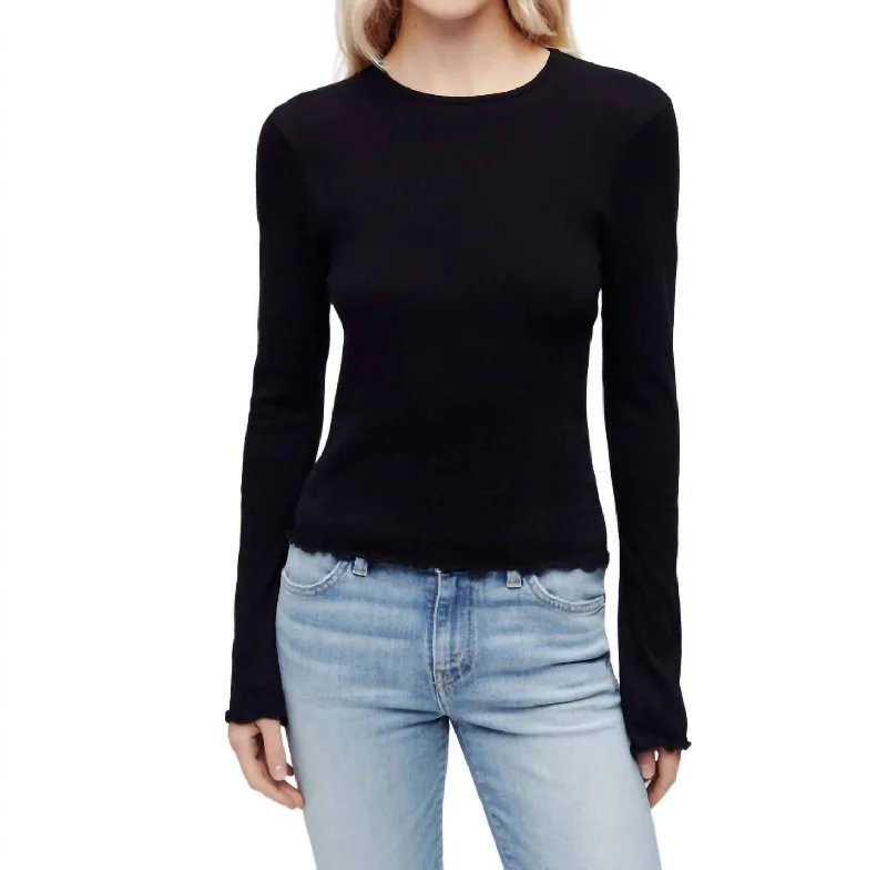 Crinkle Bell Long Sleeve Tee Top In Black