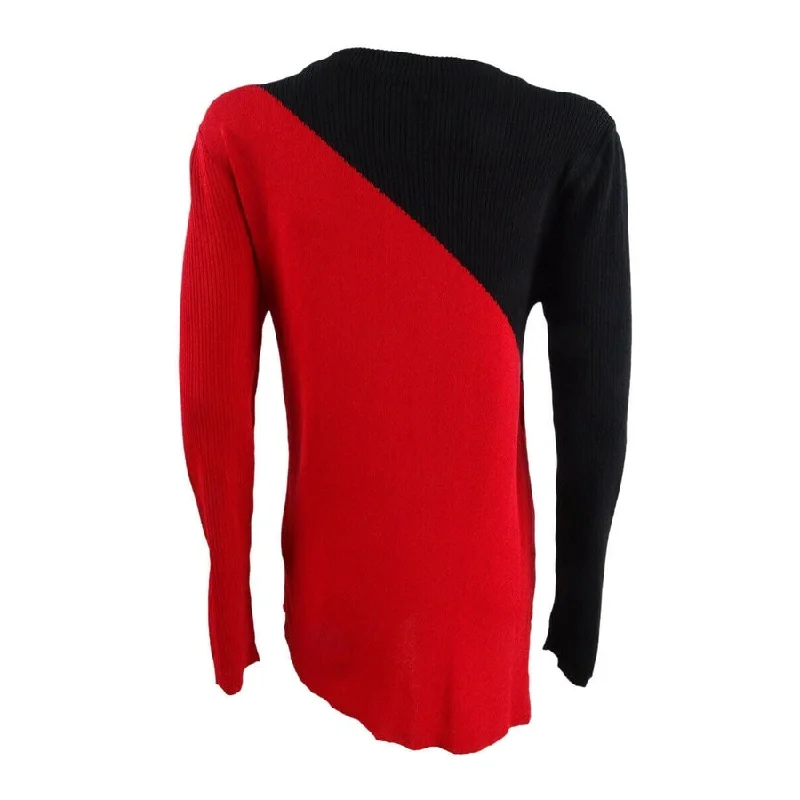 Dkny Women's Color Block Long Sleeve Crew Neck Top Red Size X-Large