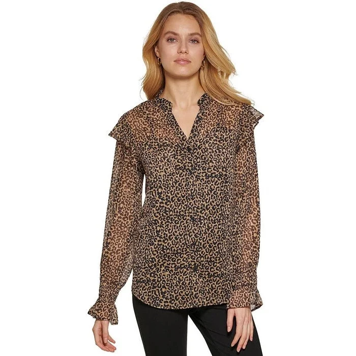 Dkny Women's Printed Button Front Long Sleeve Ruffle Top Brown Size Xx-Small