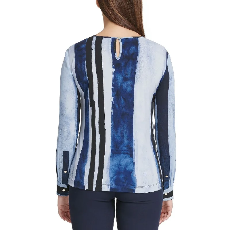 Dkny Women's Printed Long Sleeve Jewel Neck Top Blue Size X-Large