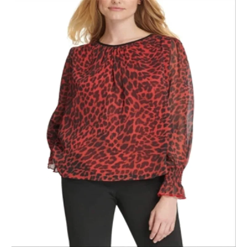 Dkny Women's Zippered Animal Print Long Sleeve Jewel Neck Blouse Top Red Size X-Large