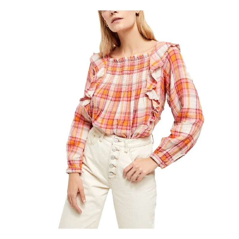 Free People Women's Ruffled Ruched Cut Out Plaid Long Sleeve Square Neck Top Pink Size Small