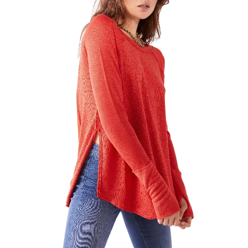 Free People Women's Thermal Long Sleeve Scoop Neck Top Red Size X-Small