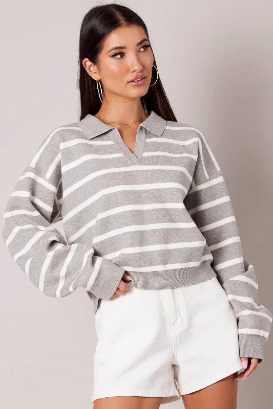 Grey Stripe Knit Top Long Sleeve Collar