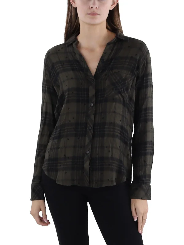 Hunter Womens Plaid Long Sleeve Button-Down Top