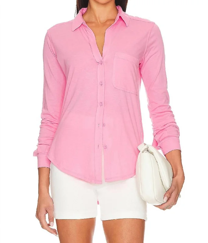 Long Sleeve Button Front Top In Bright Pink