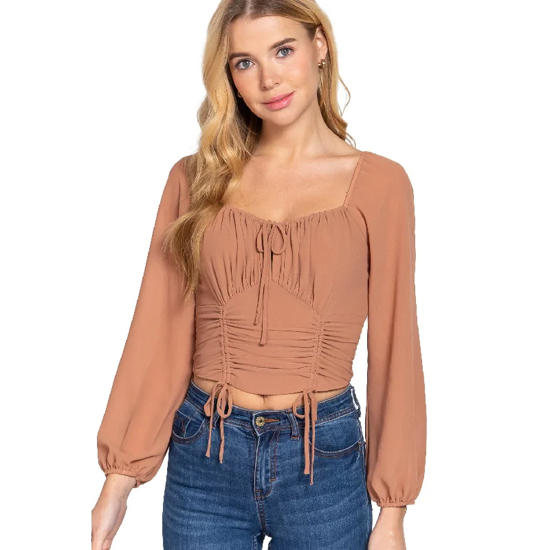 Long Sleeve Front Tied Ruched Detail Woven Top