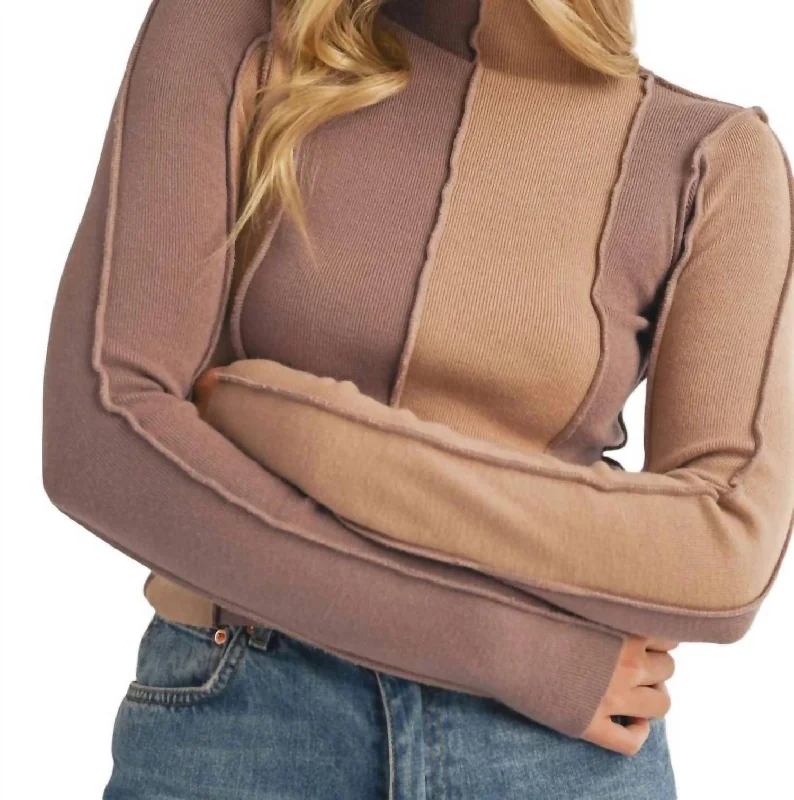 Long Sleeve Mock Neck Top In Color Block