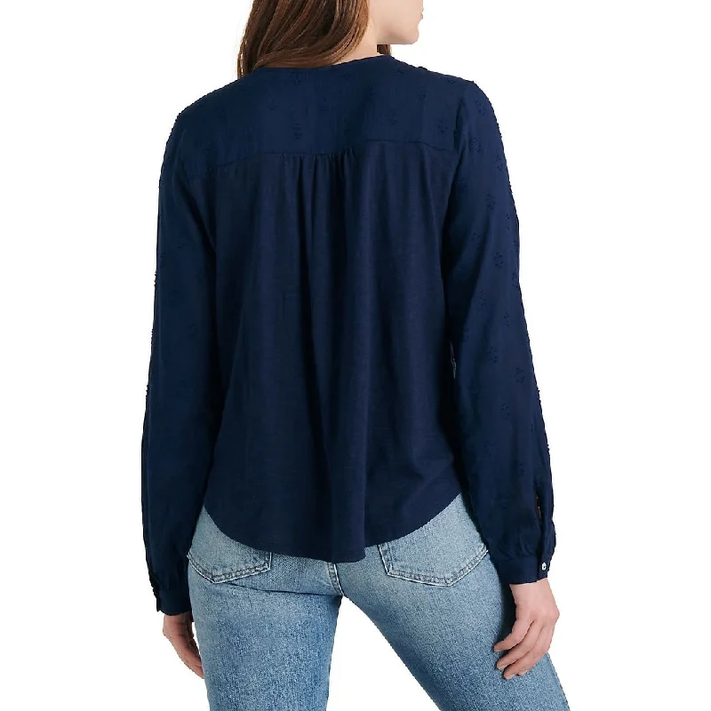 Lucky Brand Women's Long Sleeve Jewel Neck Button Up Top Blue Size Large