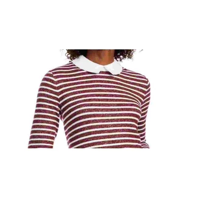 Maison Jules Women's Zippered Striped Long Sleeve Collared Top Wine Size Small