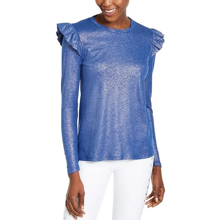 Michael Kors Women's Ruffled Metallic Long Sleeve Jewel Neck Top Blue Size X-Large