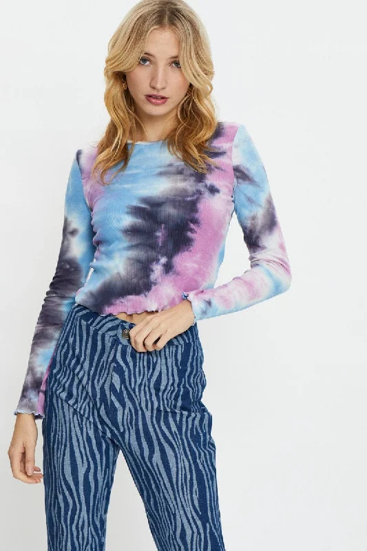 Multi Long Sleeve Tie Dye Rib Jersey Top