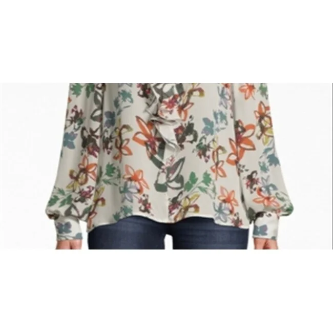 Nicole Miller Women's Floral Long Sleeve Mock Blouse Top White Size Large