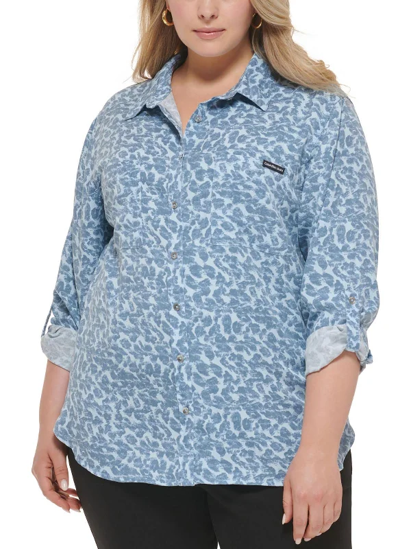 Plus Womens Printed Long Sleeve Button-Down Top