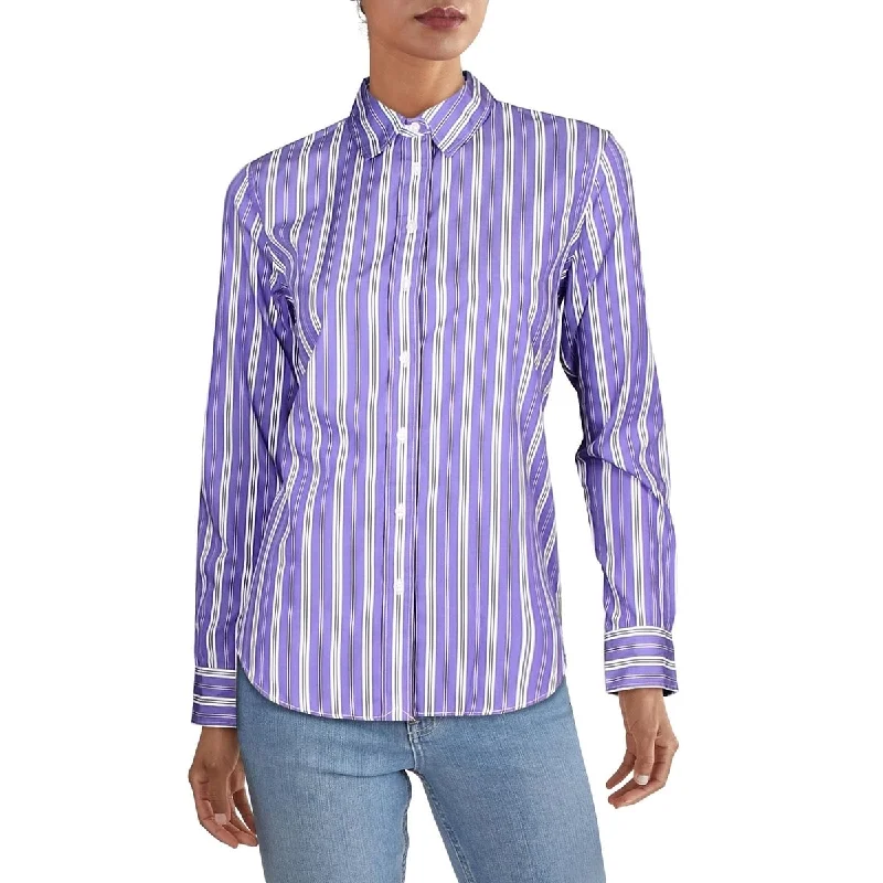 Ralph Lauren Women's Striped Long Sleeve Collared Top Purple Size Small