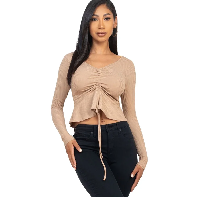 Ribbed Drawstring Front Long Sleeve Peplum Top