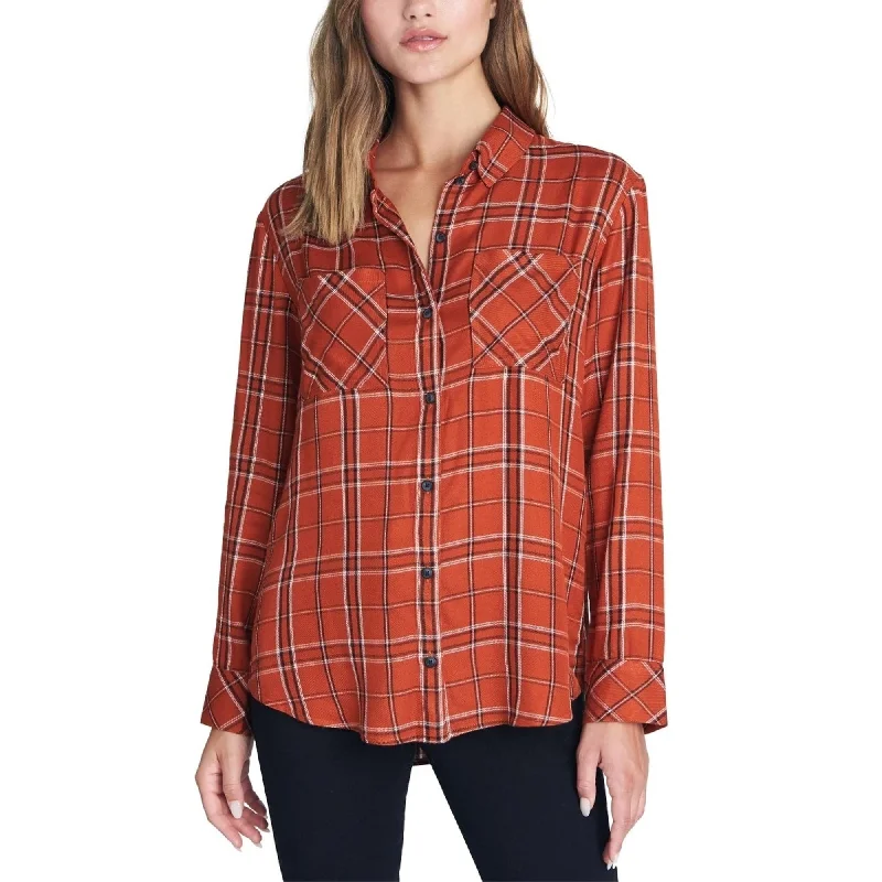 Sanctuary Women's Plaid Long Sleeve Collared Button Up Top Orange Size Medium