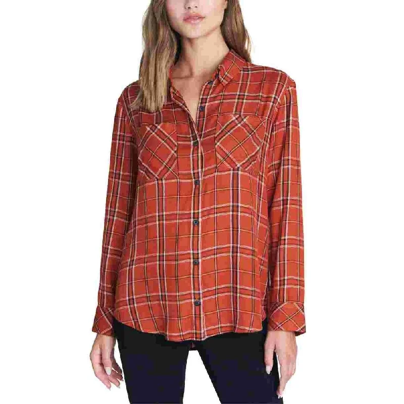 Sanctuary Women's Plaid Long Sleeve Collared Button Up Top Orange Size X-Small