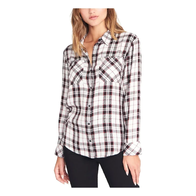 Sanctuary Women's Plaid Long Sleeve Collared Button Up Top White Size Small