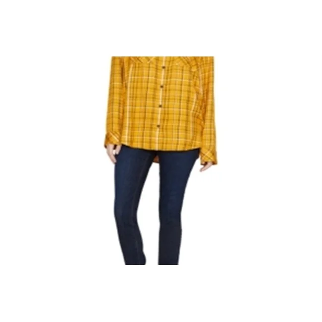 Sanctuary Women's Plaid Long Sleeve Collared Button Up Top Yellow Size Xl