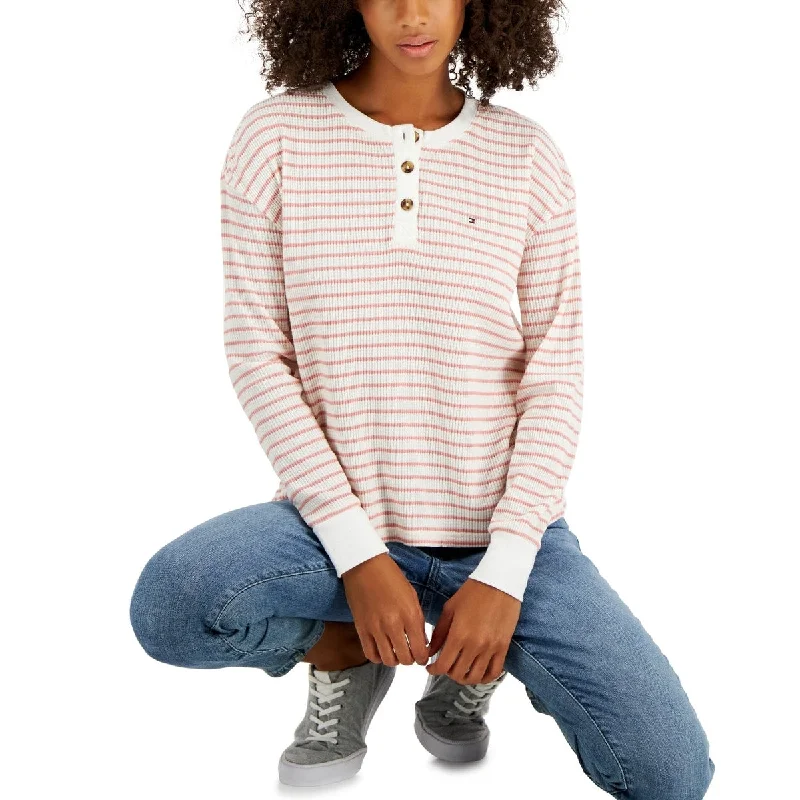 Tommy Hilfiger Women's Long Sleeve Striped Boxy Henley Top Pink Size Small