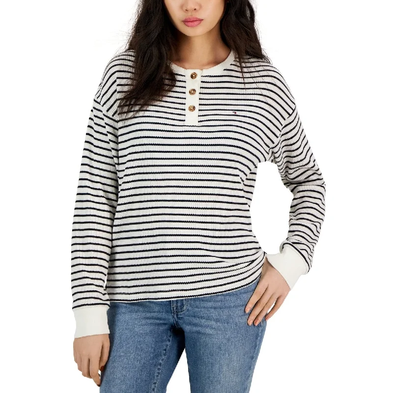 Tommy Hilfiger Women's Long Sleeve Striped Boxy Henley Top White