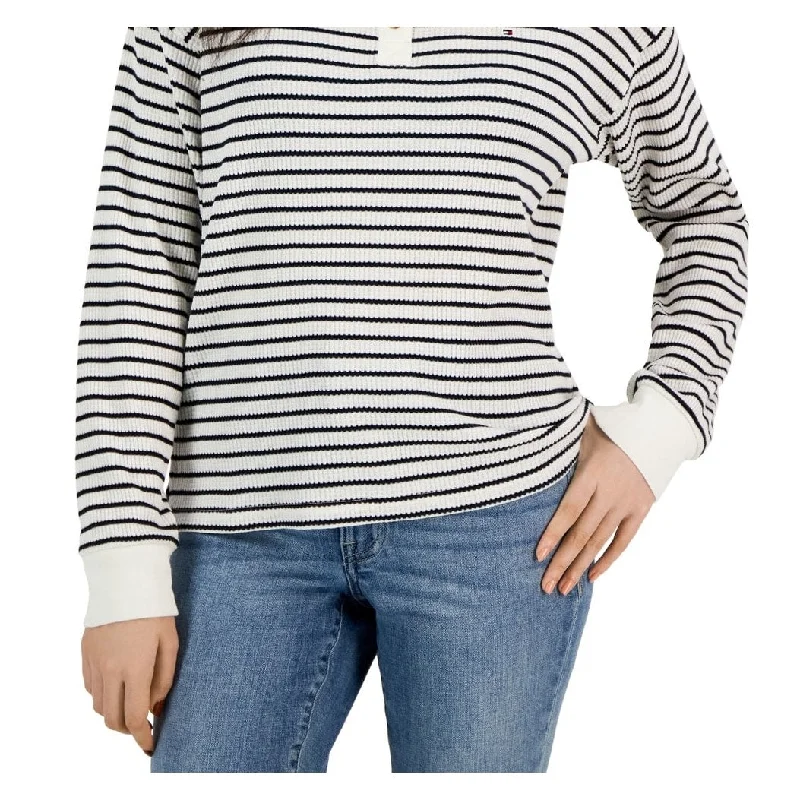 Tommy Hilfiger Women's Long Sleeve Striped Boxy Henley Top White Size Large