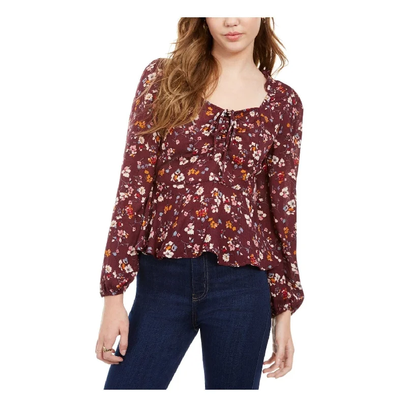 Trixxi Women's Floral Long Sleeve Scoop Neck Top Maroon Floral Size X-Large