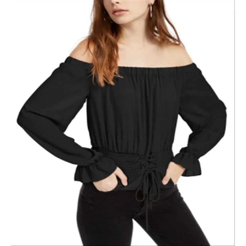 Ultra Flirt Women's Smocked Waist Long Sleeve Off Shoulder Evening Top Black Size X-Small