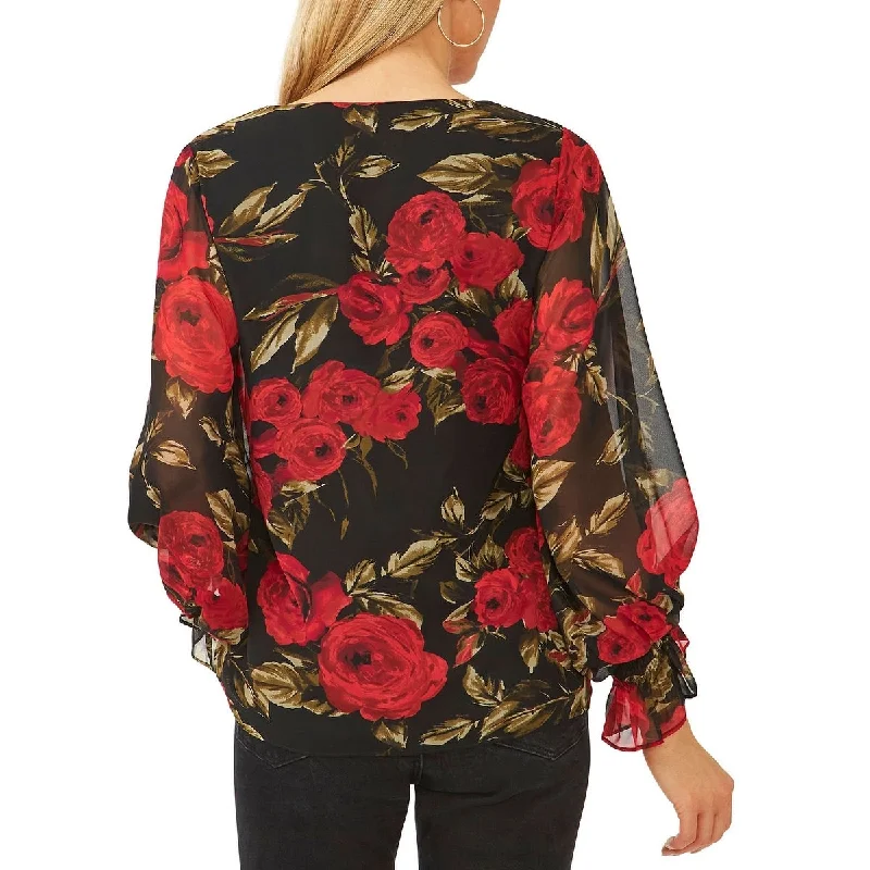 Vince Camuto Women's Floral Print Long Sleeve Blouse Black Size X-Small