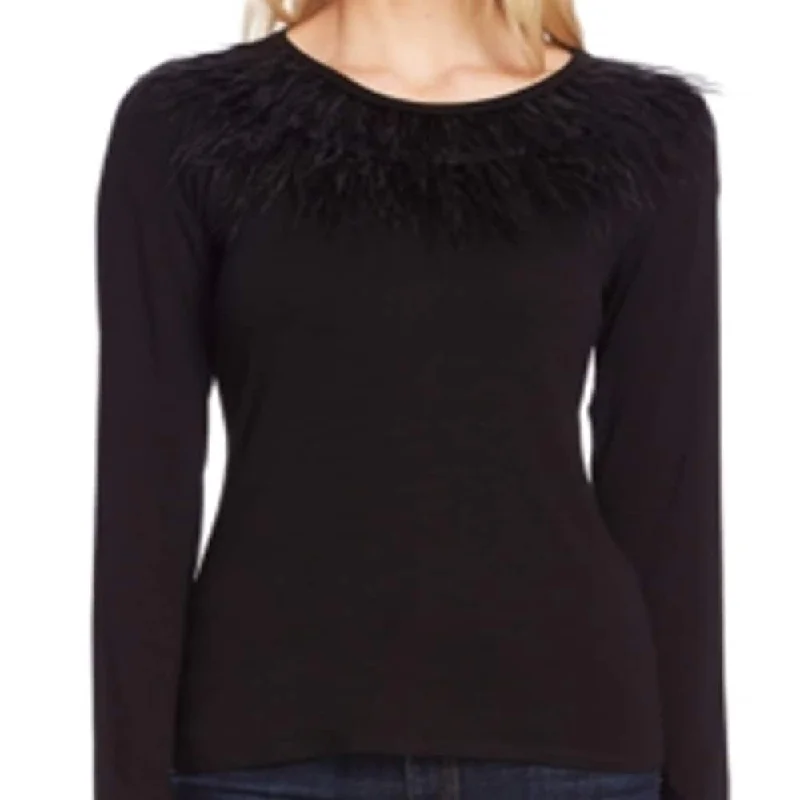 Vince Camuto Women's Long Sleeve Fringe Neckline Black Size Small