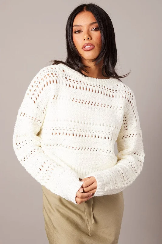 White Crochet Jumper Long Sleeve Crew Neck