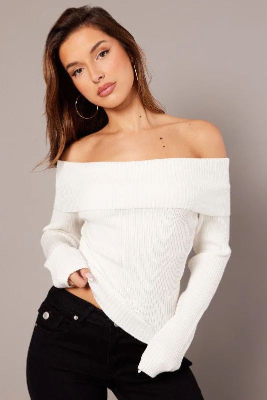 White Knit Top Long Sleeve Off Shoulder