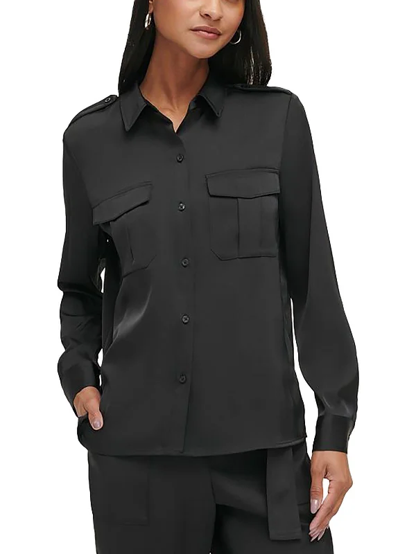 Womens Collar Long Sleeve Button-Down Top