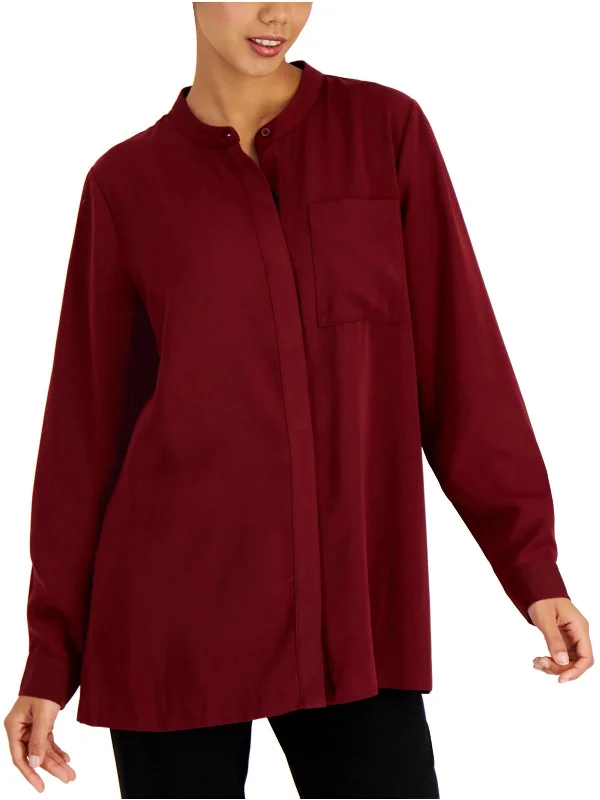 Womens Collarless Long Sleeve Button-Down Top