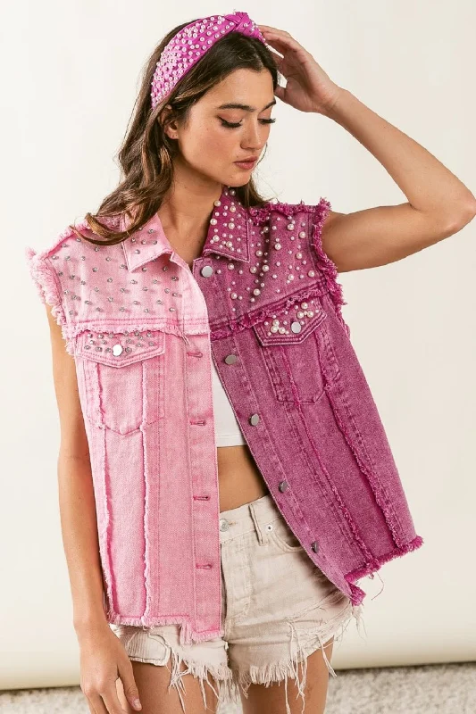 BiBi™ | Pearl & Rhinestone Hem Vest Coat