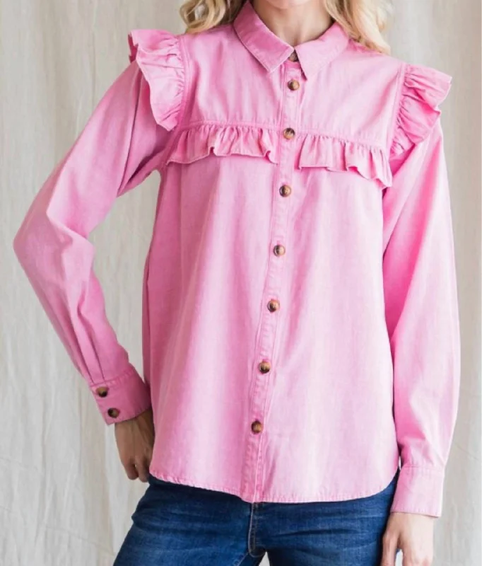 Devyn Denim Button Down Shirt In Pink