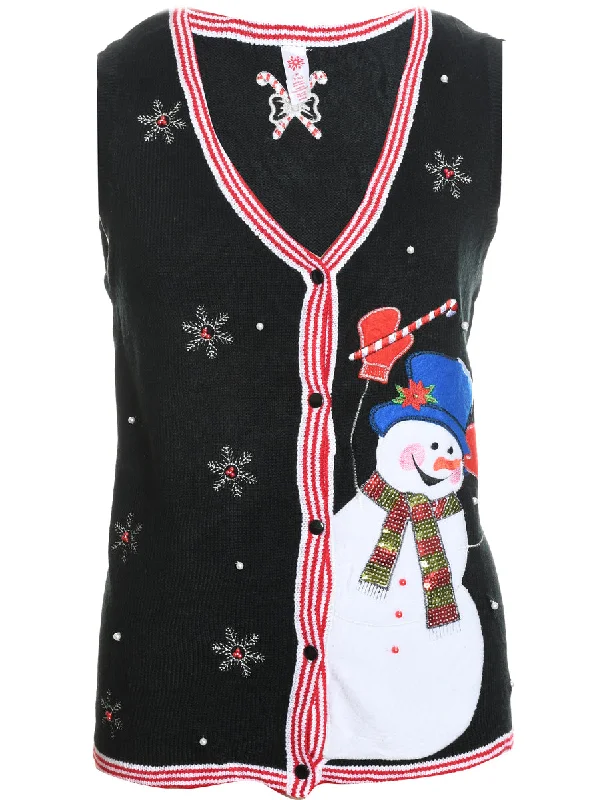 Snowman Design Black Knit Christmas Sweater Vest - M