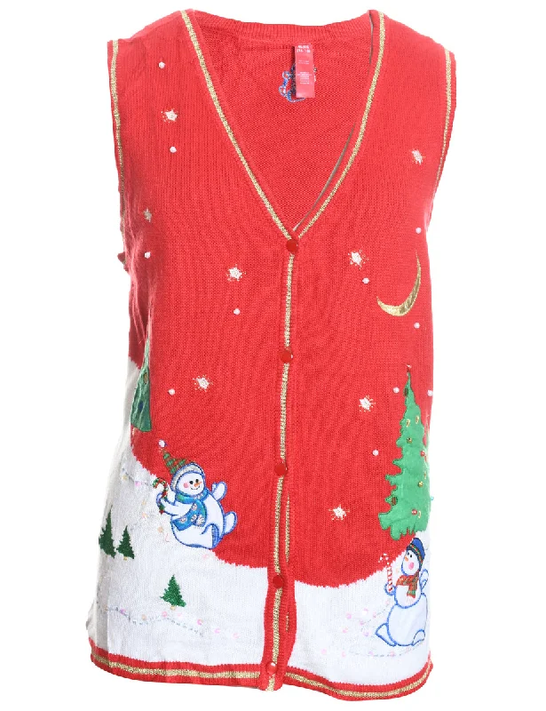 Snowman Design Red Knit Christmas Vest - XL