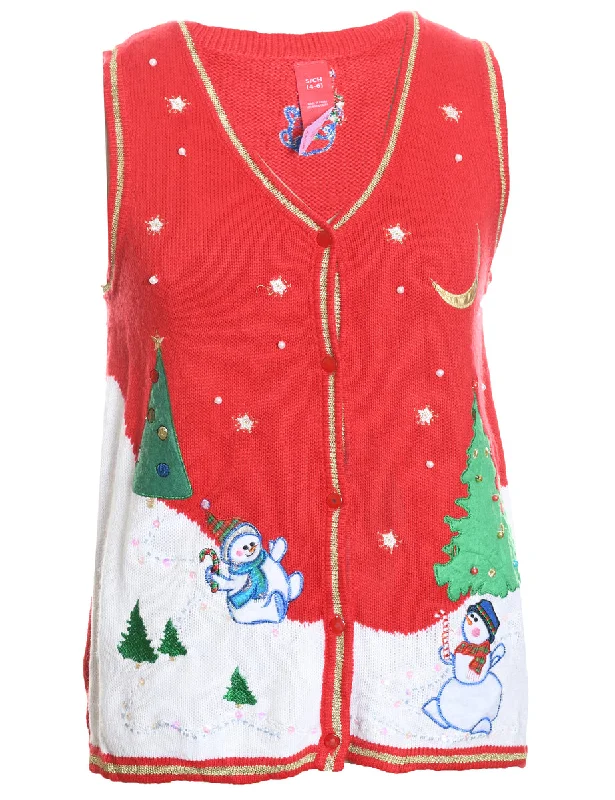 Snowman Design Red Knit Sweater Vest  - S