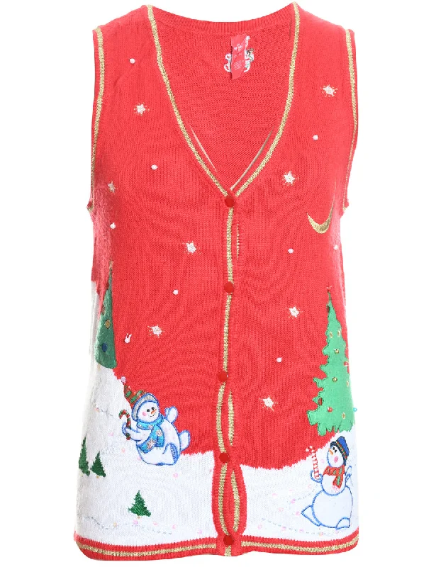 Winter Scene Design Red Knit Christmas Vest - M