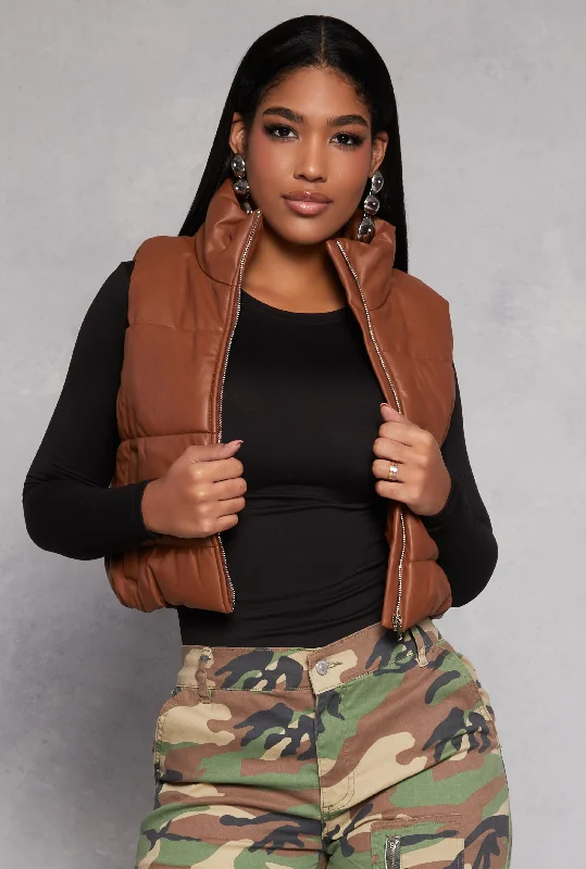 Faux Leather Cropped Puffer Vest