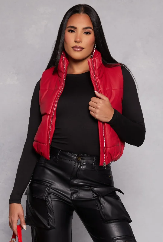 Faux Leather Cropped Puffer Vest