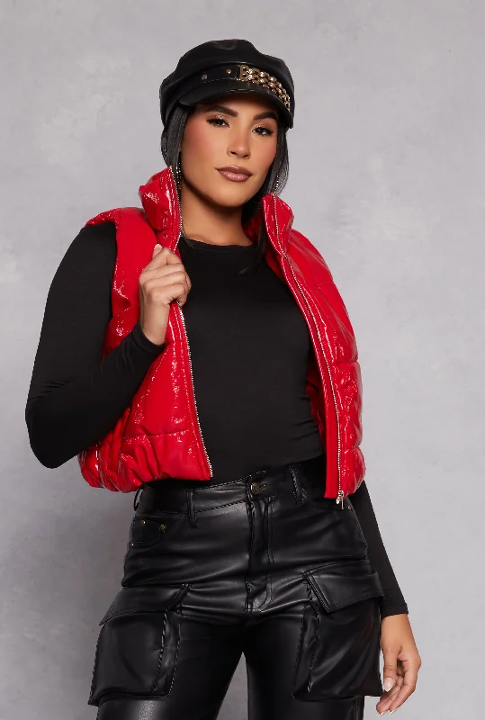 Faux Patent Leather Zip Front Puffer Vest