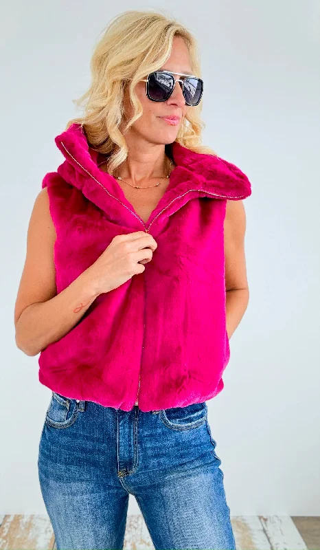 Furry Sleveless Hooded Vest-Magenta